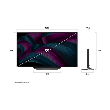 صورة أمامية وجانبية لتلفزيون LG OLED AI CS5 4K Smart TV يوضح أبعاد الطول والعرض والارتفاع والعمق.