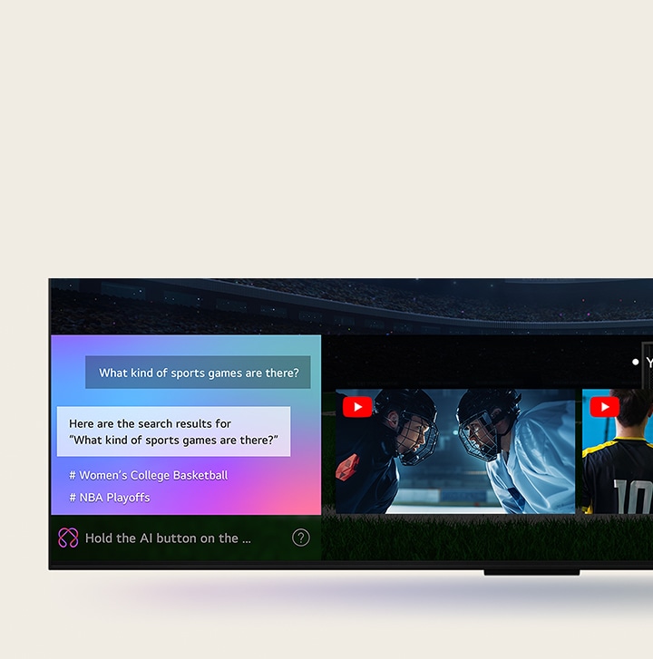 لقطة مقربة لجهاز LG TV توضح كيفية عمل AI Search. نافذة دردشة صغيرة مفتوحة توضح كيف سأل المستخدم عن الألعاب الرياضية المتاحة. استجاب AI Search عبر المحادثة وعن طريق عرض صور مصغرة للمحتوى المتاح.