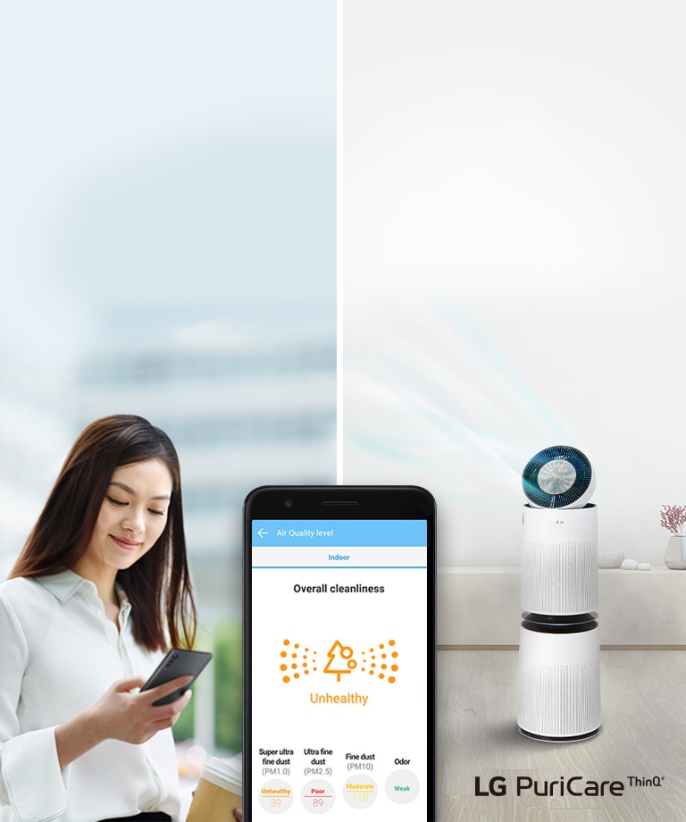 امرأة تنظر إلى هاتفها على اليسار وجهاز تنقية الهواء على اليمين. يظهر الهاتف ليوضح جودة الهواء والإحصائيات في تطبيق LG ThinQ.