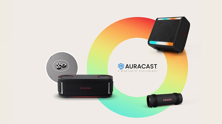 تم وضع XBOOM Stage 301 وBounce وGrab على دائرة بألوان قوس قزح، مرتبة بترتيب دائري مع عقارب الساعة. تظهر بجوار xboom Bounce صورة زر Auracast داخل شكل دائري.