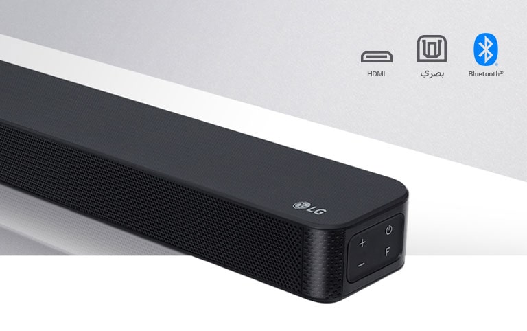 صورة مقربة لمكبر صوت LG من جهة اليمين مع ظهور شعار LG بالزاوية اليمنى السفلية. أيقونات الاتصال موضحة أعلى المنتج.