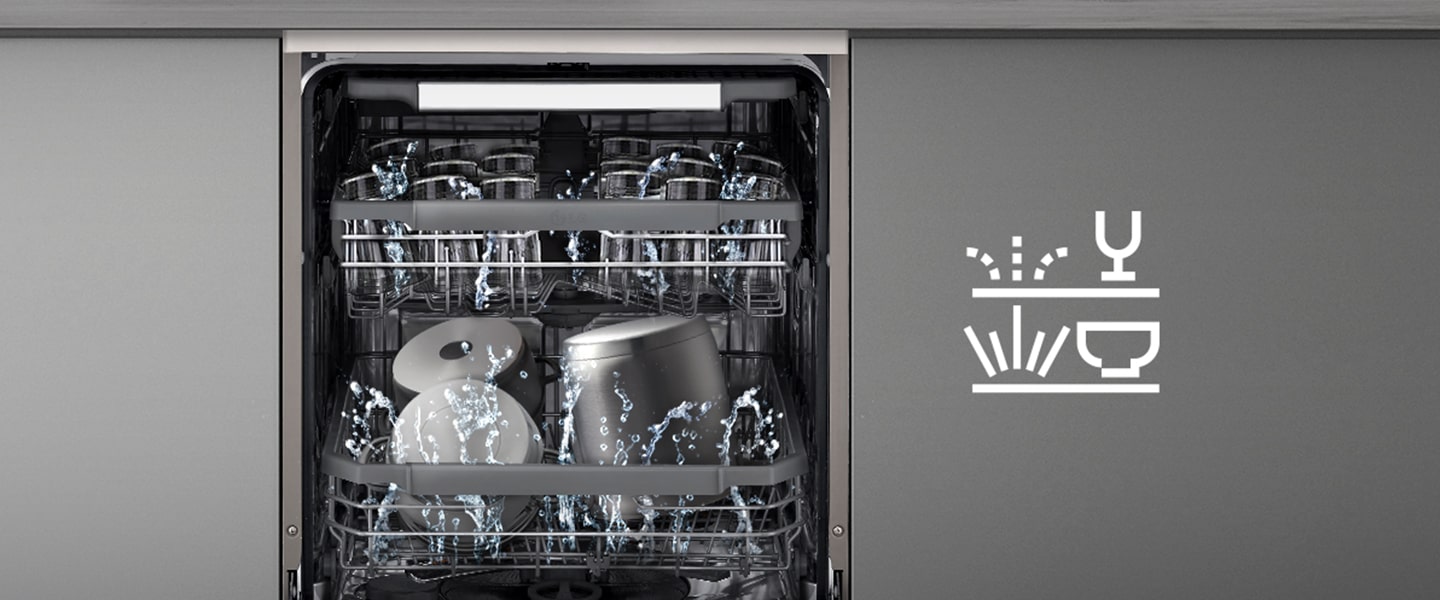 غسالة أطباق داخلية مع رف علوي يغسل برفق ورف سفلي يغسل بقوة.	