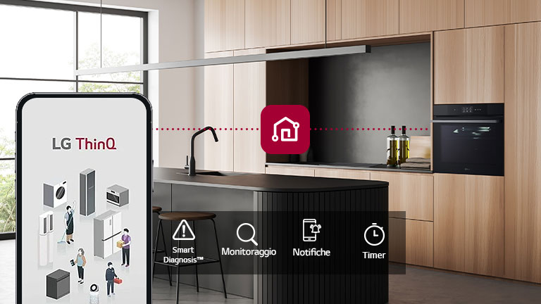 تطبيق LG ThinQ يعرض مطبخًا حديثًا بفرن متصل وخيارات تشخيص ذكي ومراقبة وإشعارات ومؤقت.