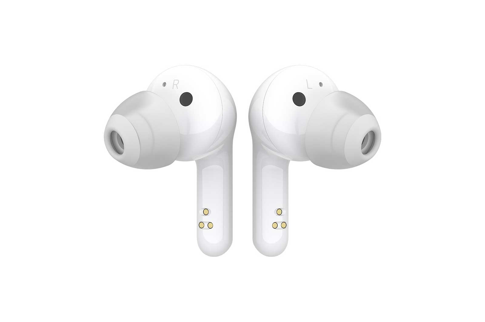 LG سماعات الأذن TONE Free FN4 اللاسلكية ذات الصوت الحقيقي التي تعمل بتقنية البلوتوث من إل جي، سماعات أذن لاسلكية تتميز بتقنية صوت ميريديان مع مكبرات صوت مزدوجة في كل سماعة أذن للعمل/للمكتب المنزلي، تصنيف IPX4 فيما يتعلق بالمقاومة للماء، بيضاء اللون, HBS-FN4