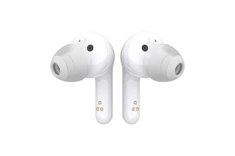 LG سماعات الأذن TONE Free FN4 اللاسلكية ذات الصوت الحقيقي التي تعمل بتقنية البلوتوث من إل جي، سماعات أذن لاسلكية تتميز بتقنية صوت ميريديان مع مكبرات صوت مزدوجة في كل سماعة أذن للعمل/للمكتب المنزلي، تصنيف IPX4 فيما يتعلق بالمقاومة للماء، بيضاء اللون, HBS-FN4