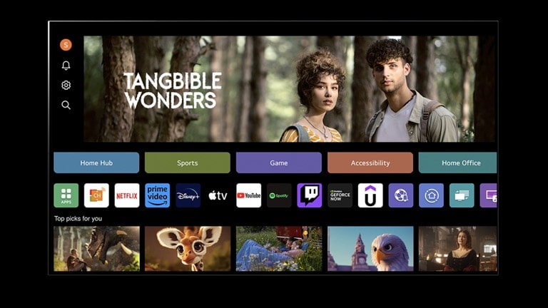 تعرض شاشة تلفزيون LG AI TV شاشة عرض "My Profile". في الثلث العلوي، لافتة لعجائب الدنيا الملموسة. أسفل الشعار، يتم عرض الأزرار التالية: Home Hub (المركز الرئيسي)، Sports (الرياضة)، Game (الألعاب)، Accessibility (إمكانية الوصول)، Home Office (المكتب المنزلي). أسفل الأزرار، يتم عرض الشعارات التالية: LG Channels وNetflix وPrime Video وDisney+ وApple TV وYouTube وSpotify وTwitch وGeForce Now وUdemy. أسفل الشعارات، يتم عرض 5 صور مصغرة لأفلام تحت عبارة "أفضل الاختيارات لك".   ينقر المؤشر على الحرف "S" في الزاوية العلوية اليسرى. تُفتح قائمة منسدلة لحساب LG ويتم عرض خمسة أسماء. ينقر المؤشر على الاسم الثاني حيث تتغير الصور المصغرة والمحتويات الموصى بها على الشاشة.