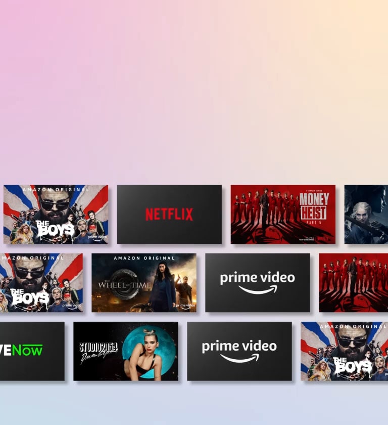 صفوف من محتويات OTT الجانبية أثناء عرض شعار مزود OTT والصور المصغرة للمحتوى المعروض.
