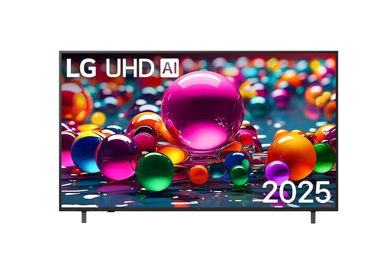 المنظر الأمامي لـ تلفاز LG UHD AI UA84 مقاس 43 بوصة بدقة 4K الاصطناعي، يدعم HDR10، ونظام WebOS25 لعام 2025 43UA84006LB