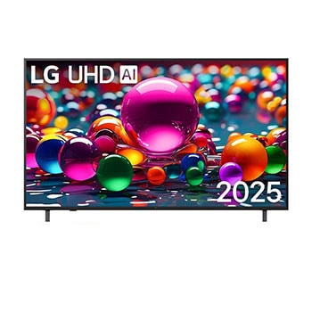 صورة أمامية لتلفزيون UHD UA84 TV، وشعار LG UHD Al في الزاوية العلوية. يصور تلفزيون LG UHD TV أنسجة الطلاء الملونة التي تجتمع معًا.
