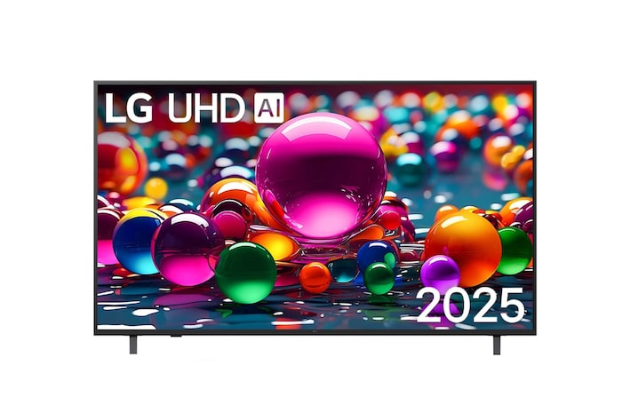 صورة أمامية لتلفزيون UHD UA84 TV، وشعار LG UHD Al في الزاوية العلوية. يصور تلفزيون LG UHD TV أنسجة الطلاء الملونة التي تجتمع معًا.