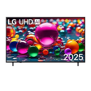 صورة أمامية لتلفزيون UHD UA84 TV، وشعار LG UHD Al في الزاوية العلوية. يصور تلفزيون LG UHD TV أنسجة الطلاء الملونة التي تجتمع معًا.