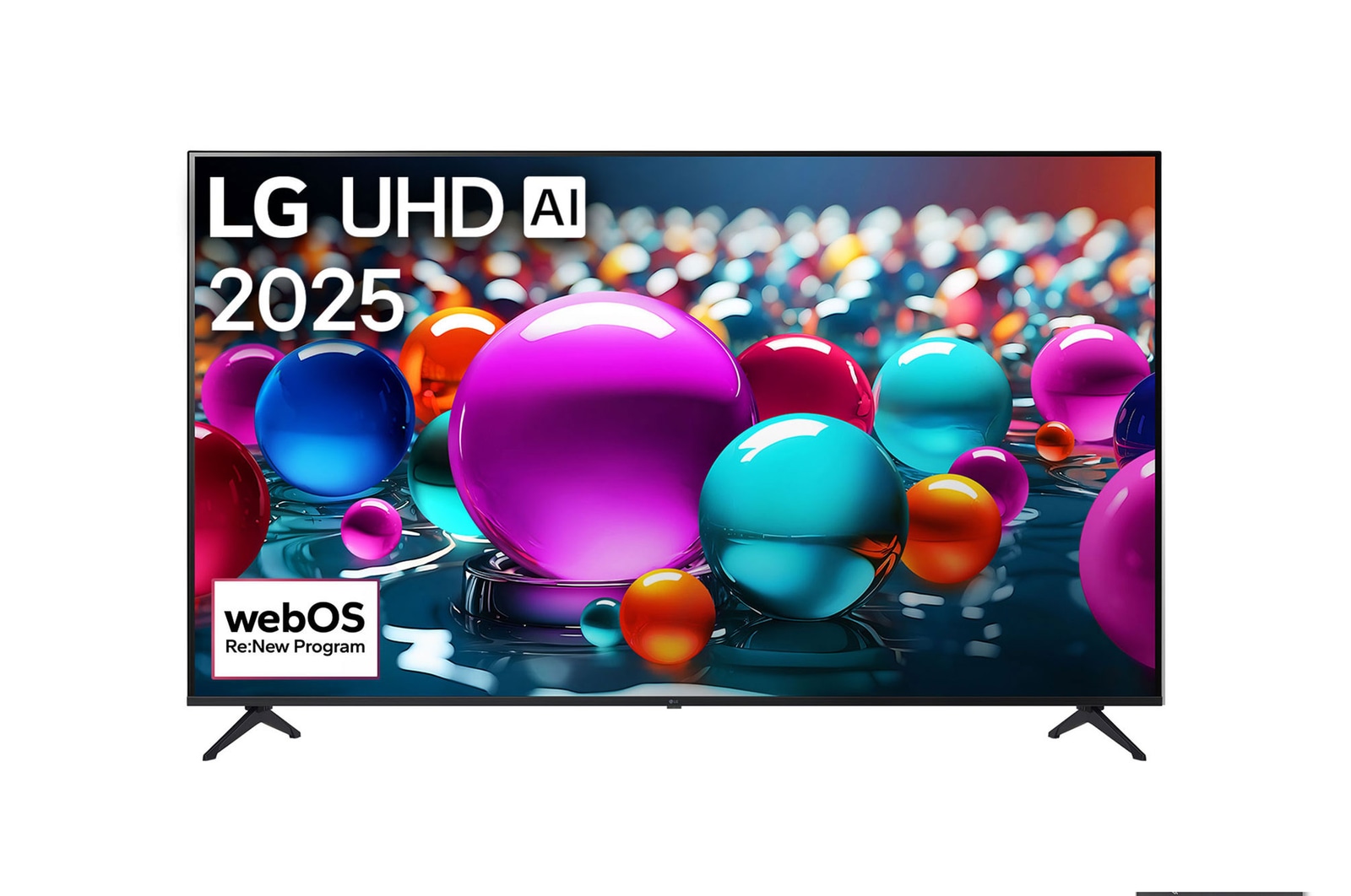 صورة أمامية لتلفزيون UHD UA84 TV، وشعار LG UHD Al في الزاوية العلوية. يصور تلفزيون LG UHD TV أنسجة الطلاء الملونة التي تجتمع معًا.