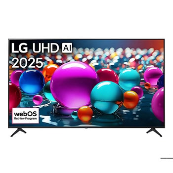 صورة أمامية لتلفزيون UHD UA84 TV، وشعار LG UHD Al في الزاوية العلوية. يصور تلفزيون LG UHD TV أنسجة الطلاء الملونة التي تجتمع معًا.