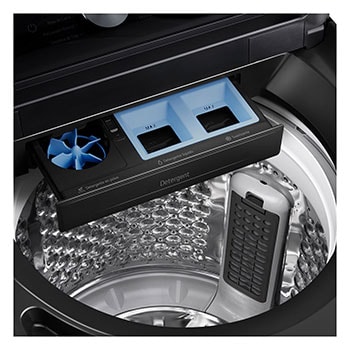 غسالة ملابس علوية التحميل مع غطاء متحرك، تعرض وظيفة إغلاق الباب الناعم.