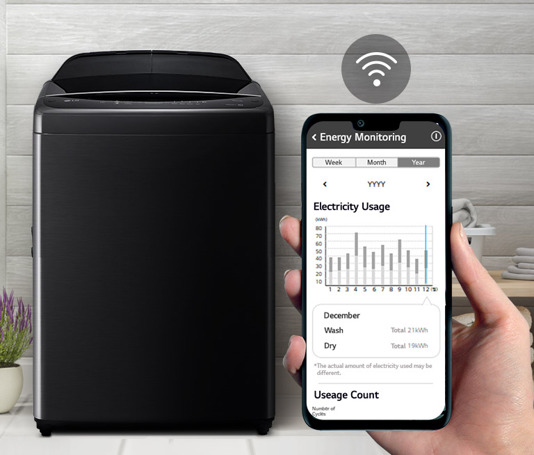يمكن مراقبة الغسالة باستمرار من خلال تطبيق LG ThinQ™.