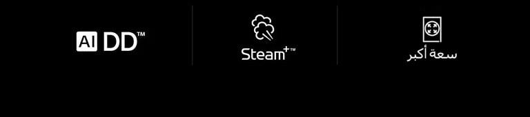 ميزات غسالة LG: AI DD في اليسار، في المنتصف الأيسر، Steam Plus في المنتصف الأيمن، وسعة أكبر في اليمين.