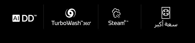 ميزات غسالة LG: AI DD في اليسار، TurboWash 360 في المنتصف الأيسر، Steam Plus في المنتصف الأيمن، وسعة أكبر في اليمين.