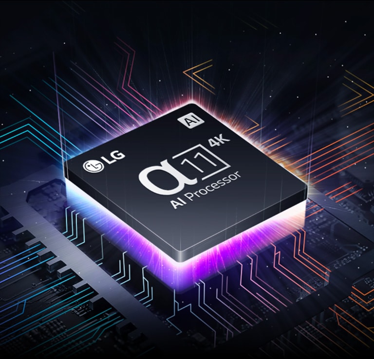 معالج Alpha 11 AI بدقة 4K من LG بالكاد يمكن مشاهدته وسط الظلام. معالج الذكاء الاصطناعي يضيء باللونين الأرجواني والزهري، وتنطلق منه إشارات مضيئة ملونة. تظهر المزيد من البراغي عبر اللوحة الأم، وتمتد لما بعدها.