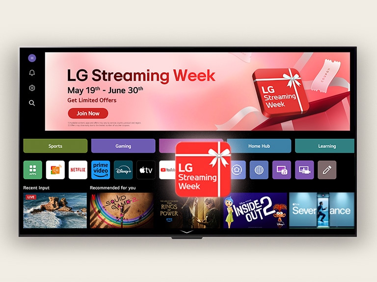 LG webOS home screen is placed with a red box saying "LG Streaming Week"	