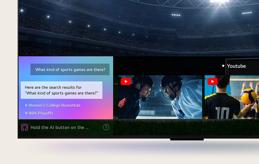 Close-up of an LG QNED TV screen showing how AI Search works. A small chat window is open showing how the user asked for what sports games are available. AI search responded via chat and by showing thumbnails of available content. There is also a prompt to ask Microsoft Copilot.