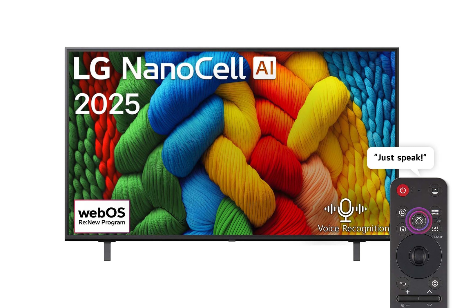 Front view of NanoCell TV, LG NanoCell Al Logo on the top corner. LG NanoCell NANO80 TV depicts colorful paintike textures coming together.