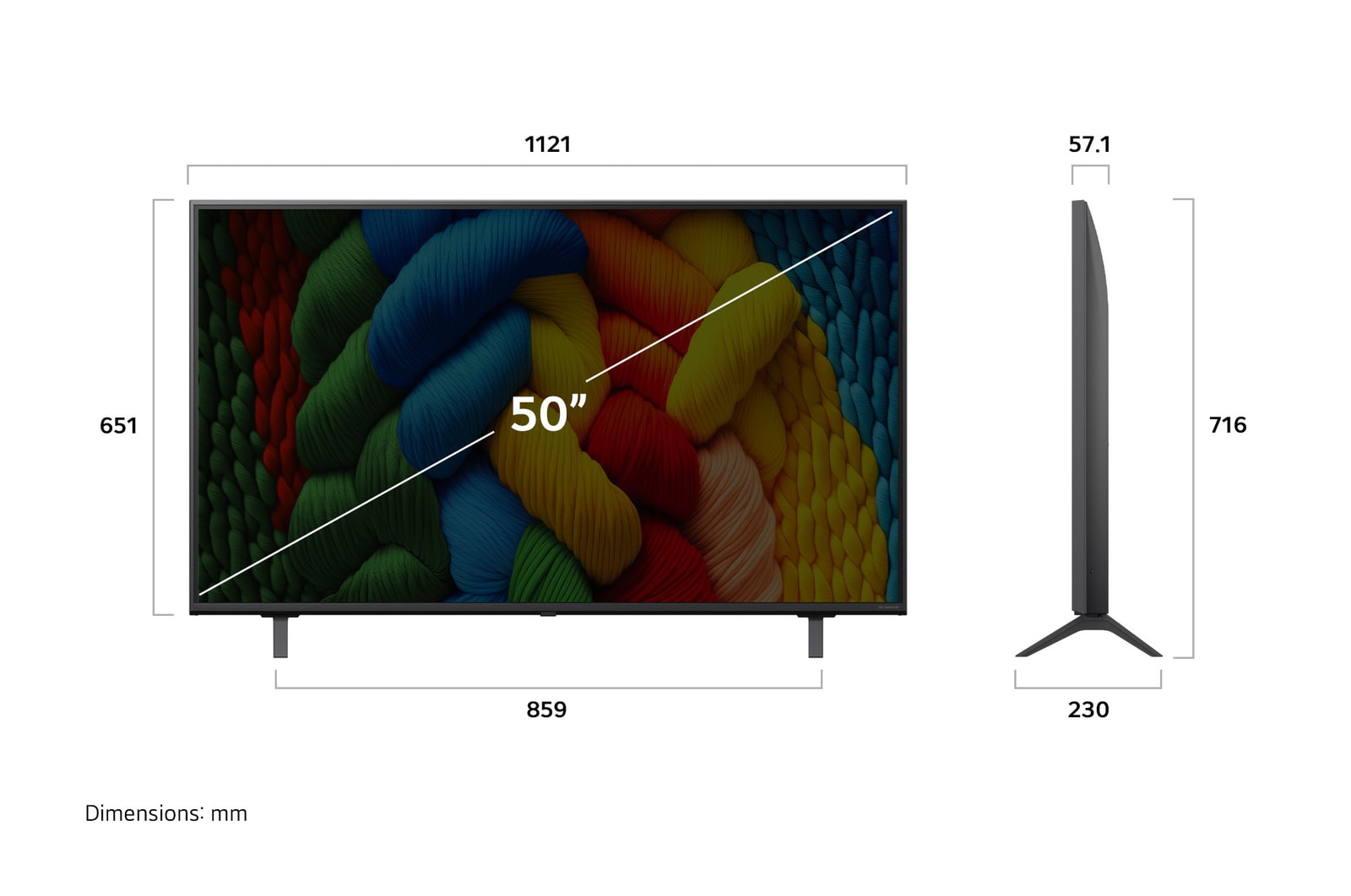 Front view and side view of LG NanoCell NANO80 AI 4K Smart TV showing its length, width, height, and depth dimensions.