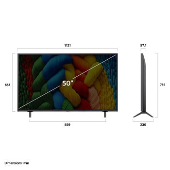 Front view and side view of LG NanoCell NANO80 AI 4K Smart TV showing its length, width, height, and depth dimensions.