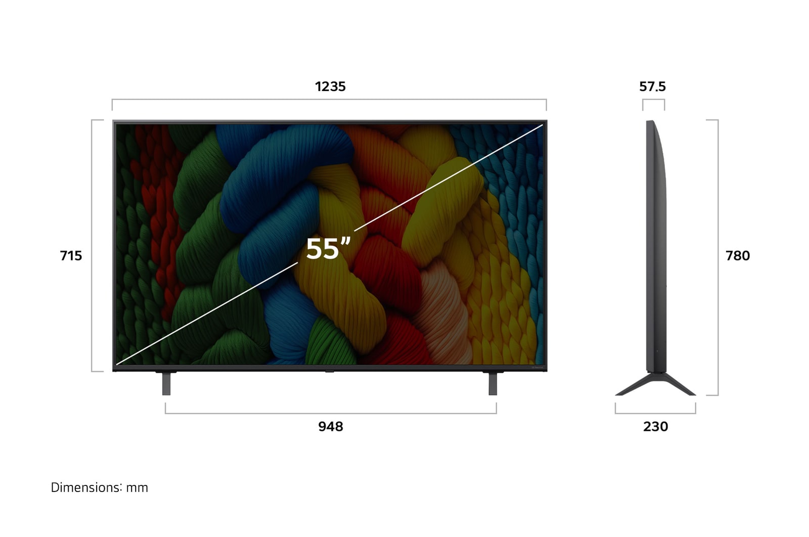 Front view and side view of LG NanoCell NANO80 AI 4K Smart TV showing its length, width, height, and depth dimensions.