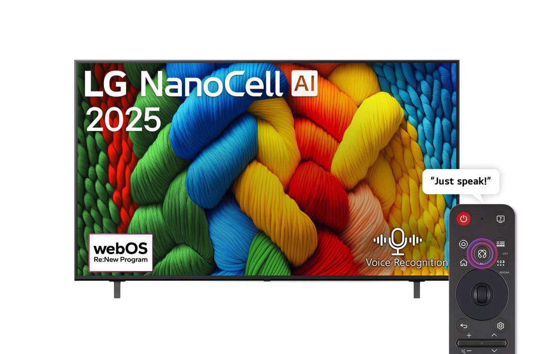 Front view of NanoCell TV, LG NanoCell Al Logo on the top corner. LG NanoCell NANO80 TV depicts colorful paintike textures coming together.