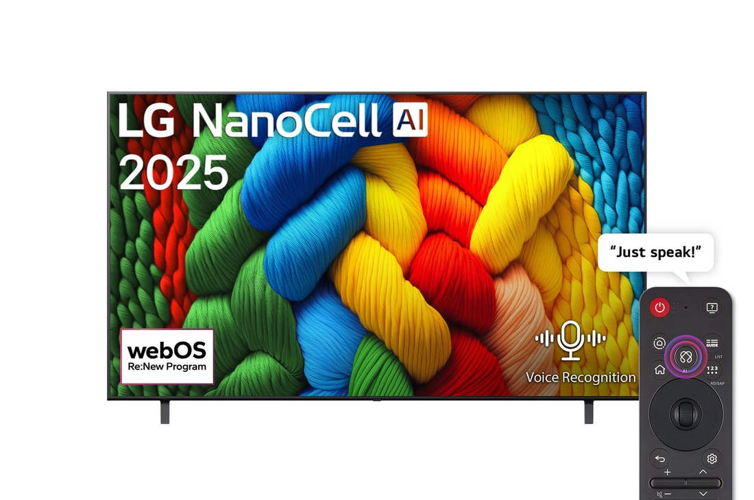 Front view of NanoCell TV, LG NanoCell Al Logo on the top corner. LG NanoCell NANO80 TV depicts colorful paintike textures coming together.