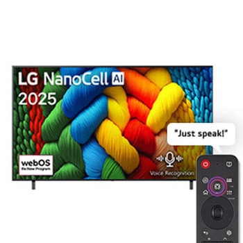 Front view of NanoCell TV, LG NanoCell Al Logo on the top corner. LG NanoCell NANO80 TV depicts colorful paintike textures coming together.