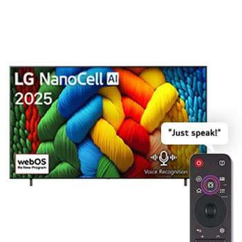 Front view of NanoCell TV, LG NanoCell Al Logo on the top corner. LG NanoCell NANO80 TV depicts colorful paintike textures coming together.