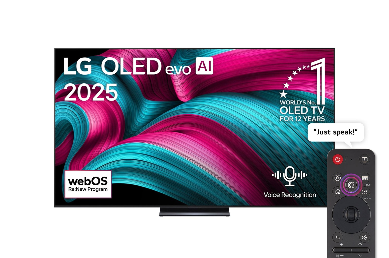 Front view of LG OLED evo AI C5 4K Smart TV. 12 Years of world number 1 OLED emblem and LG OLED evo AI 2025 logo are on the screen.
