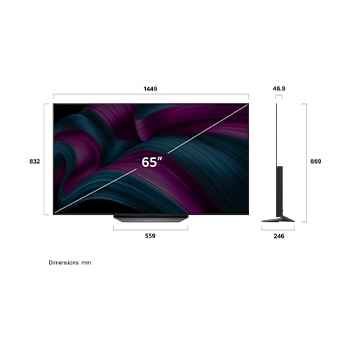 Front view and side view of LG OLED AI CS5 4K Smart TV showing its length, width, height, and depth dimensions.