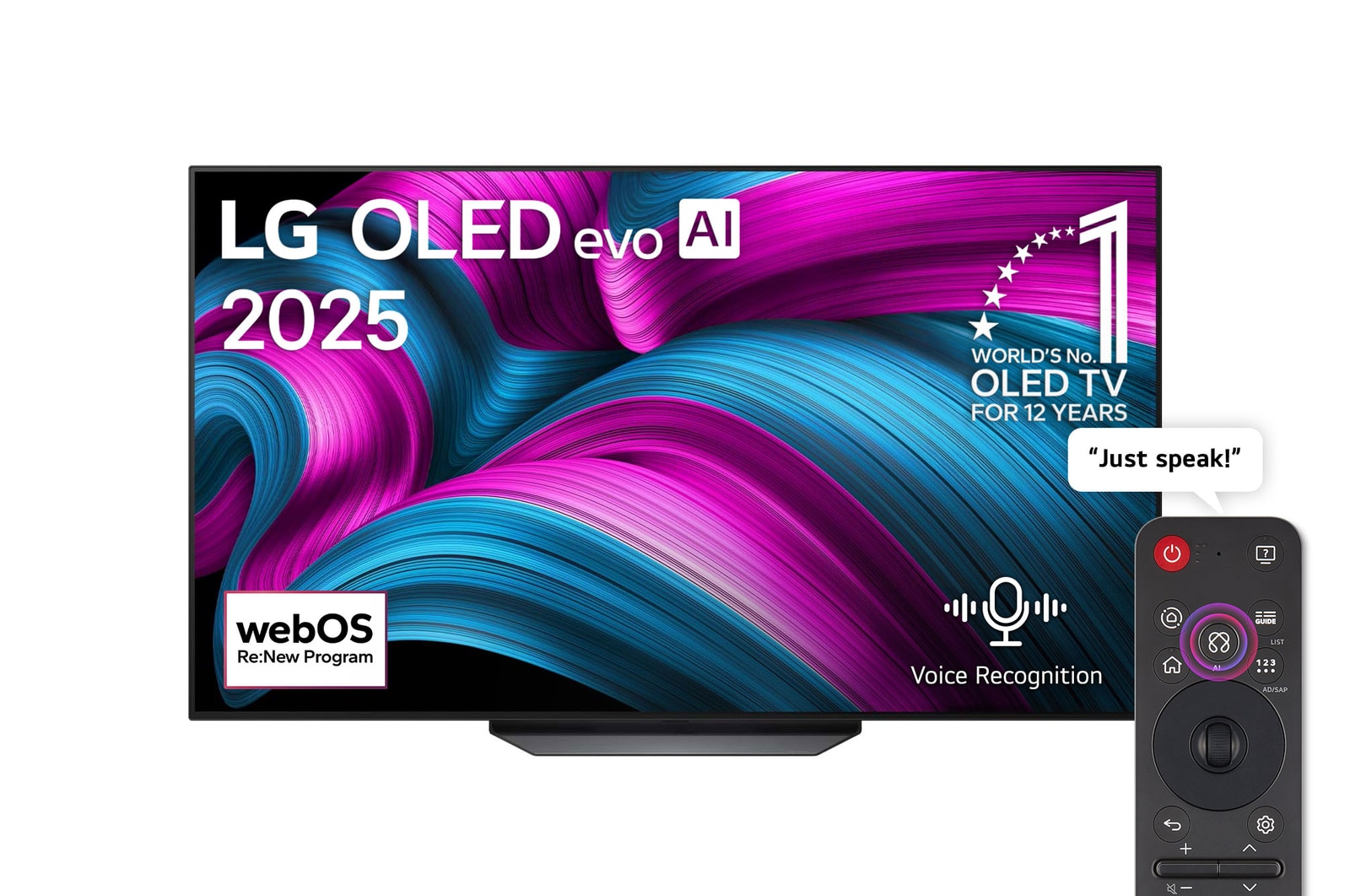 Front view of LG OLED AI CS5 4K Smart TV. 12 Years of world number 1 OLED emblem and LG OLED AI 2025 logo are on the screen.