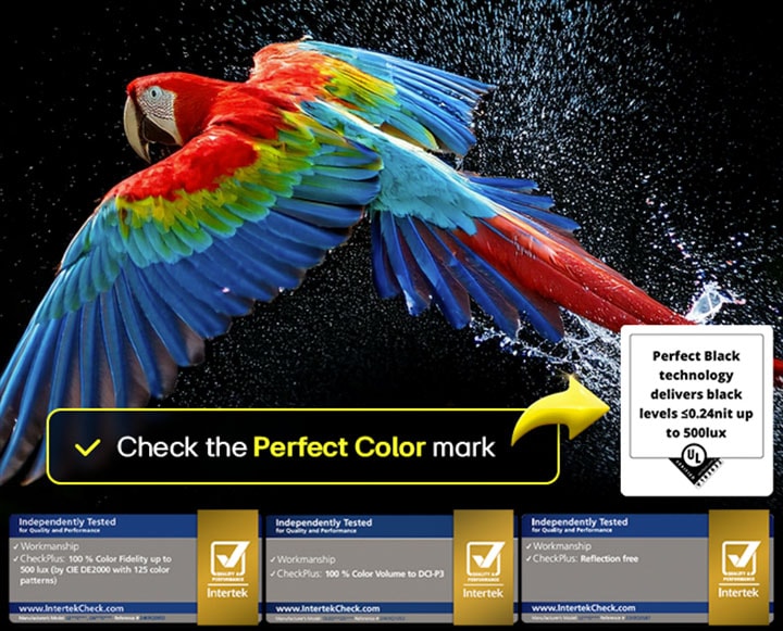 Colorful parrot in ultra-high definition against a black background. Water drops are suspended in the air all around it. The image showcases Perfect Color as each different hue on the parrot's body is vibrant and vivid. The dark background with the detailed water splashes also highlights how the screen is reflection-free. Different logo certifications from UL and Intertek are visible. These refer to its 100% Color Fidelity, 100% Color Volume, and reflection-free claim. Text is also visible, check the Perfect Color certification mark.
