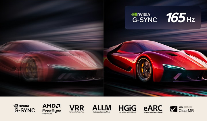 Two images of a car in a video game side-by-side. One shows a lot of motion blur. The other is sharp and in-focus showing the high frame rate of LG OLED TV. Nvidia G-Sync logo and 165Hz logo and other relevant certifications are visible.