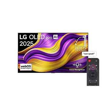 Front view of LG OLED evo AI G5 4K Smart TV. 12 Years of world number 1 OLED emblem and LG OLED evo AI 2025 logo are on the screen.