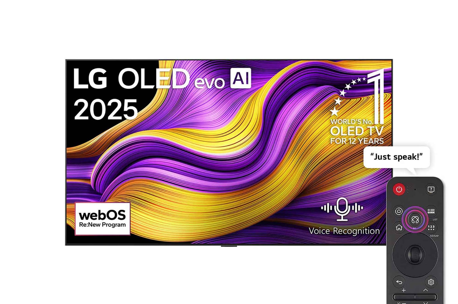 Front view of LG OLED evo AI G5 4K Smart TV. 12 Years of world number 1 OLED emblem and LG OLED evo AI 2025 logo are on the screen.