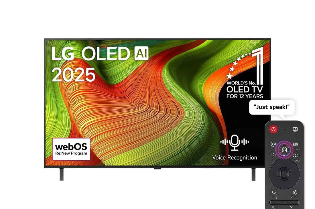 Front view of LG OLED AI B5 4K Smart TV. 12 Years of world number 1 OLED emblem and LG OLED AI 2025 logo are on the screen.