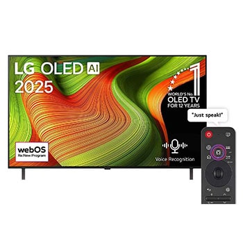 Front view of LG OLED AI B5 4K Smart TV. 12 Years of world number 1 OLED emblem and LG OLED AI 2025 logo are on the screen.