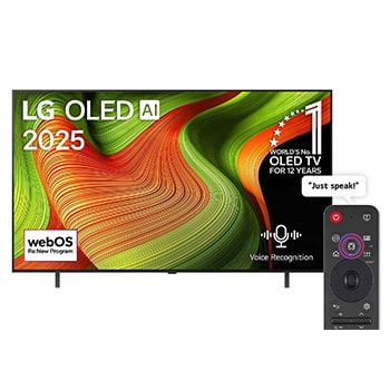 Front view of LG OLED AI B5 4K Smart TV. 12 Years of world number 1 OLED emblem and LG OLED AI 2025 logo are on the screen.