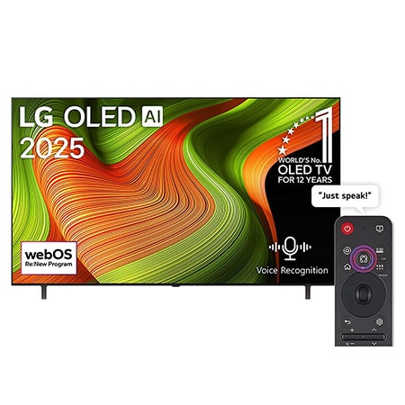 Front view of LG OLED AI B5 4K Smart TV. 12 Years of world number 1 OLED emblem and LG OLED AI 2025 logo are on the screen.