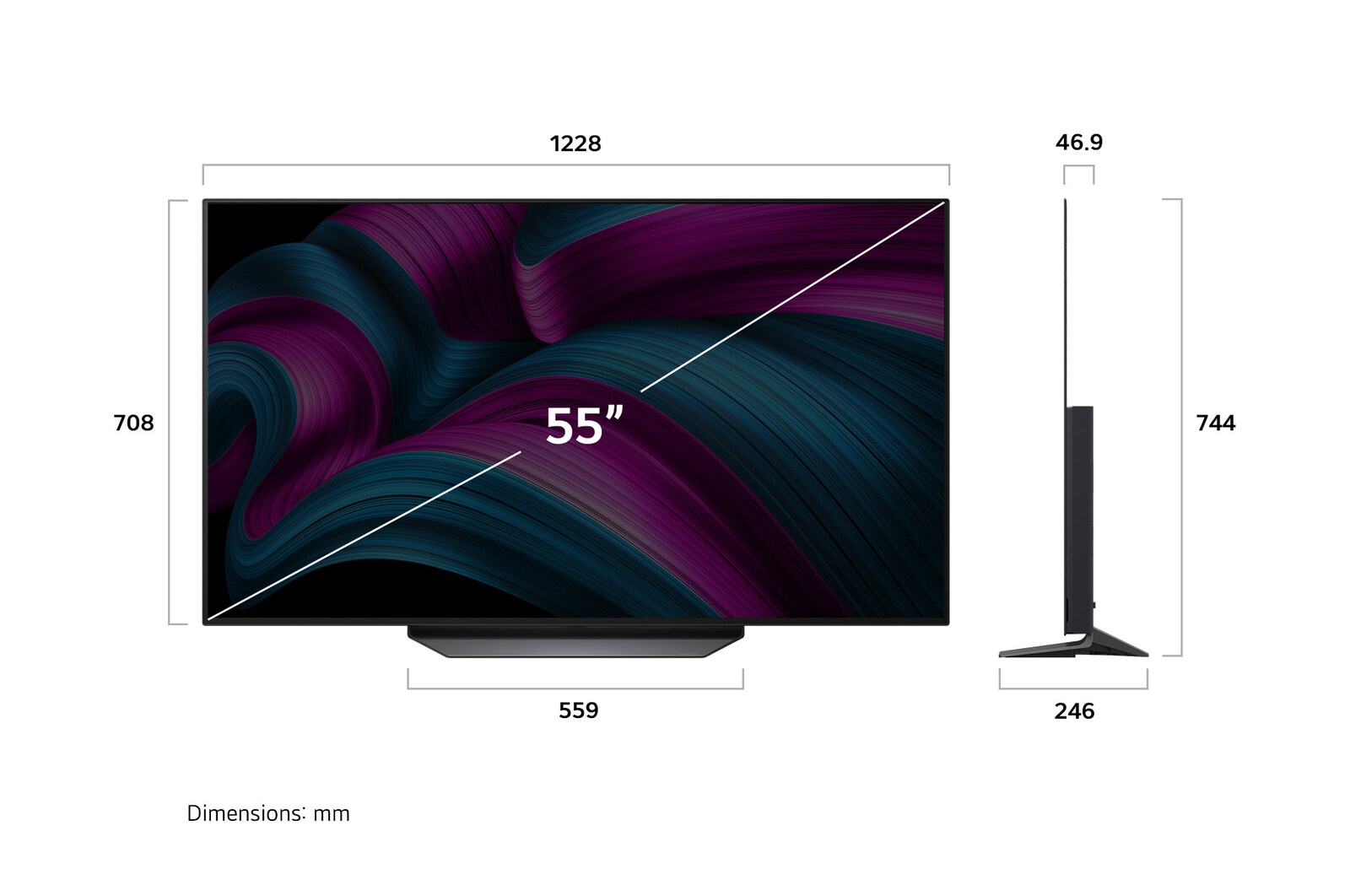 Front view and side view of LG OLED AI CS5 4K Smart TV showing its length, width, height, and depth dimensions.