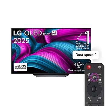 Front view of LG OLED AI CS5 4K Smart TV. 12 Years of world number 1 OLED emblem and LG OLED AI 2025 logo are on the screen.