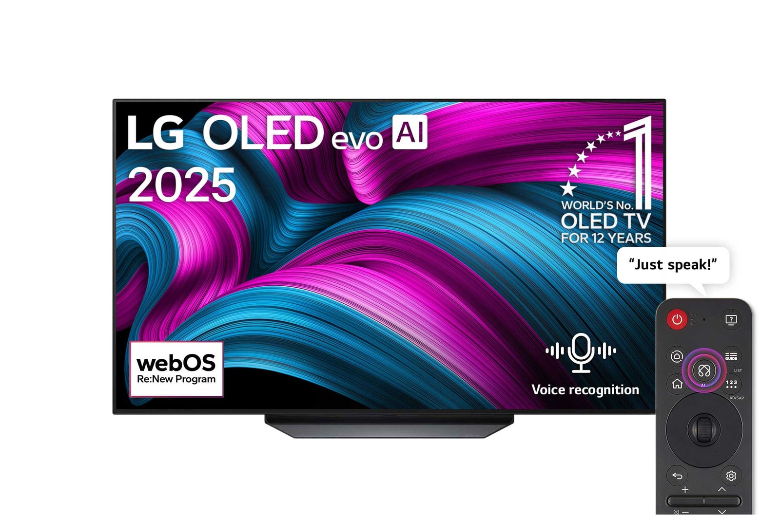 Front view of LG OLED AI CS5 4K Smart TV. 12 Years of world number 1 OLED emblem and LG OLED AI 2025 logo are on the screen.