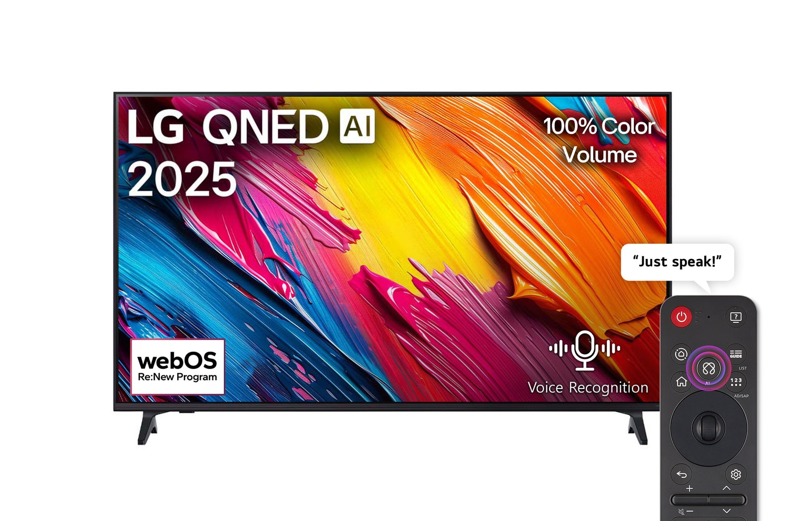 Front view of LG QNED70 TV, LG QNED Al Logo on the top corner. LG QNED TV depicts colorful paintike textures coming together.