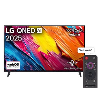 Front view of LG QNED70 TV, LG QNED Al Logo on the top corner. LG QNED TV depicts colorful paintike textures coming together.