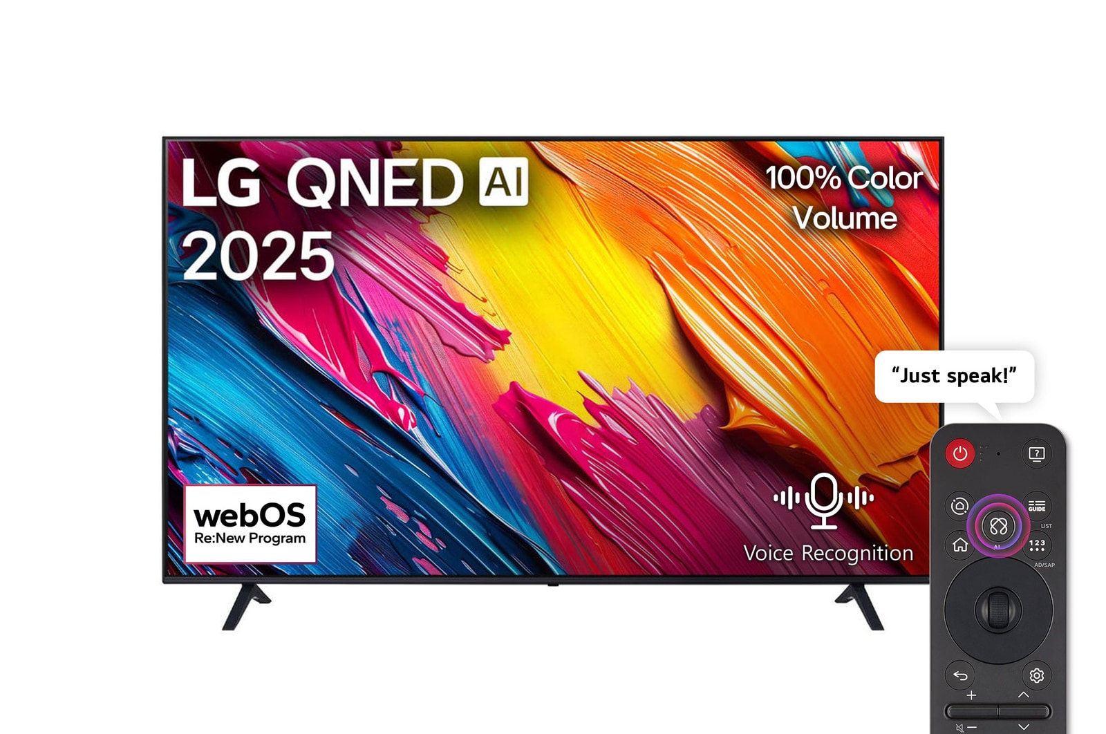 Front view of LG QNED70 TV, LG QNED Al Logo on the top corner. LG QNED TV depicts colorful paintike textures coming together.