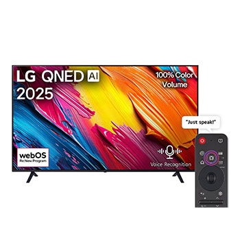 Front view of LG QNED70 TV, LG QNED Al Logo on the top corner. LG QNED TV depicts colorful paintike textures coming together.